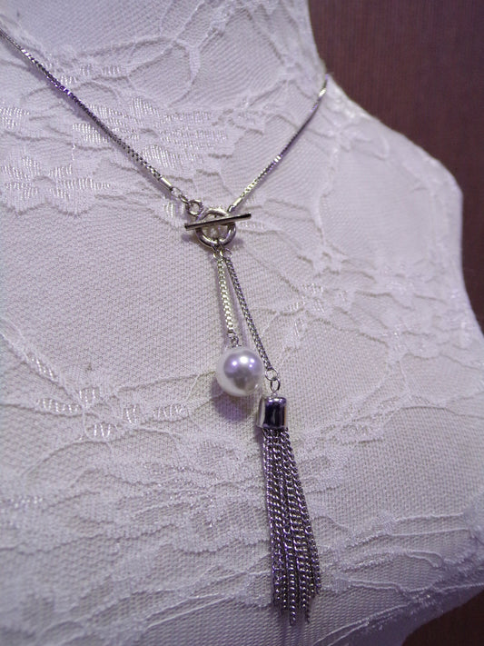 Long Silver finish Necklace with beads & chain, Chain necklace, Vintage necklace, Jewel