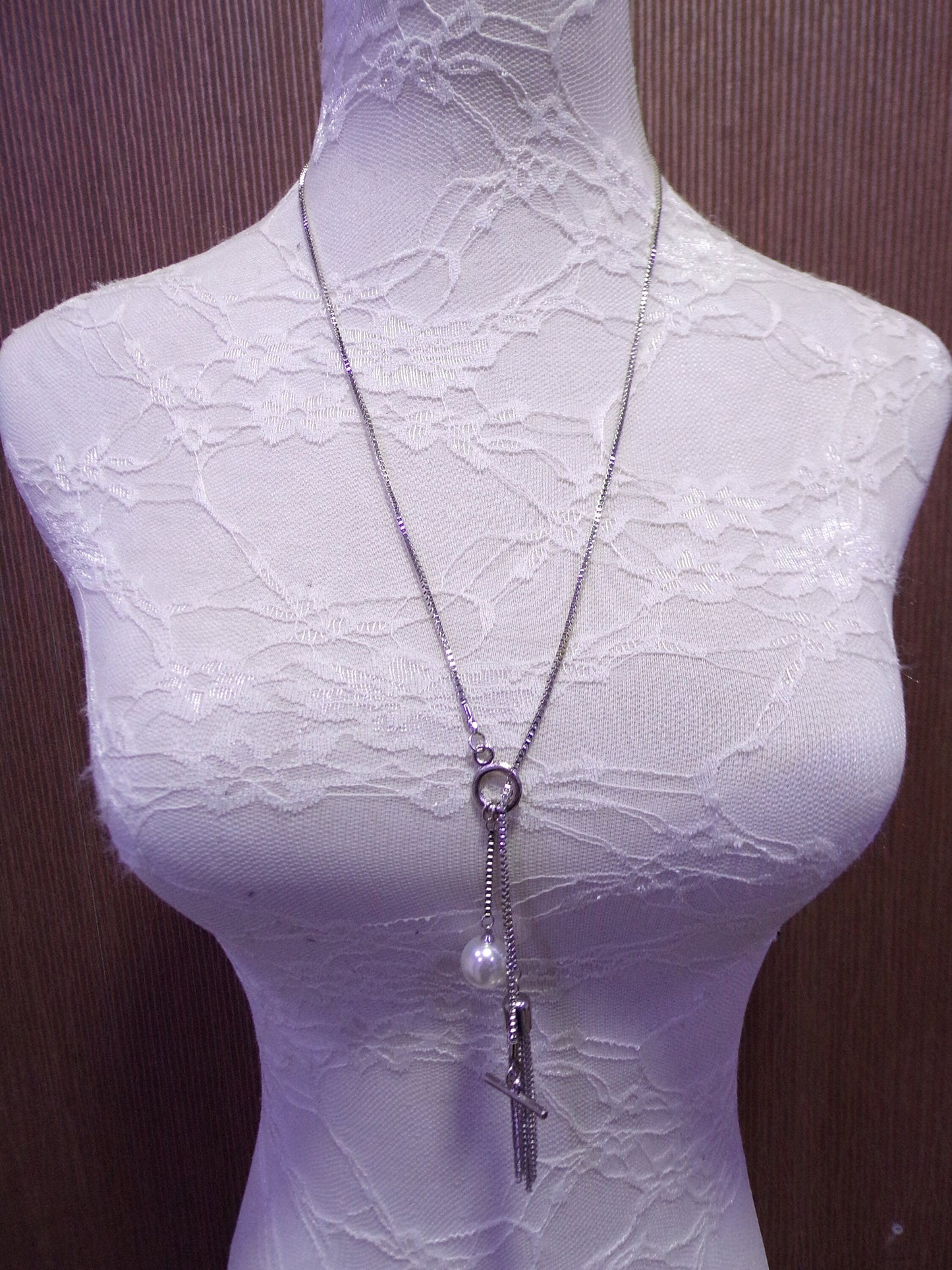 Long Silver finish Necklace with beads & chain, Chain necklace, Vintage necklace, Jewel