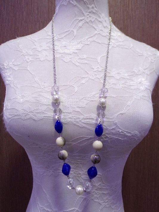 Long Silver Chain Beaded Necklace, Necklace with Blue Beads, Chain, Necklace, Jewellery.