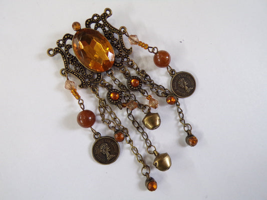 Large Brooch in Bronze tone, Costume Jewellery Brooch, Amber Bronze Crystals, Gift Vintage
