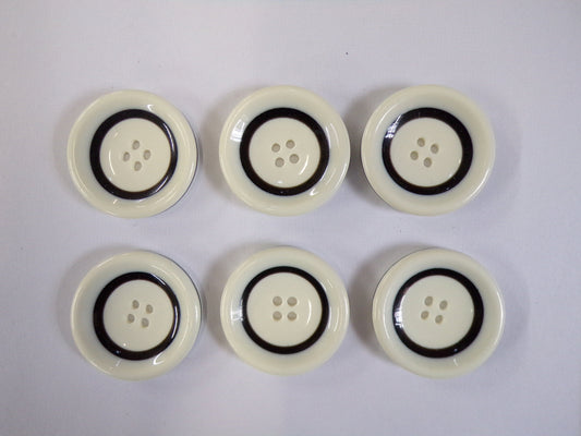 36mm, White Flat Buttons, 4-hole Large Buttons, Vintage Buttons, Coat Buttons, Sewing Buttons, large buttons, black and white buttons. 6 pcs