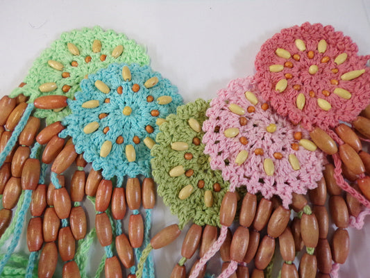 Crochet Appliques, 5 colours, Boho Style Applique, Vintage Crochet Applique, Cotton Patch with wood beads, Decoration, Sewing, festival trim