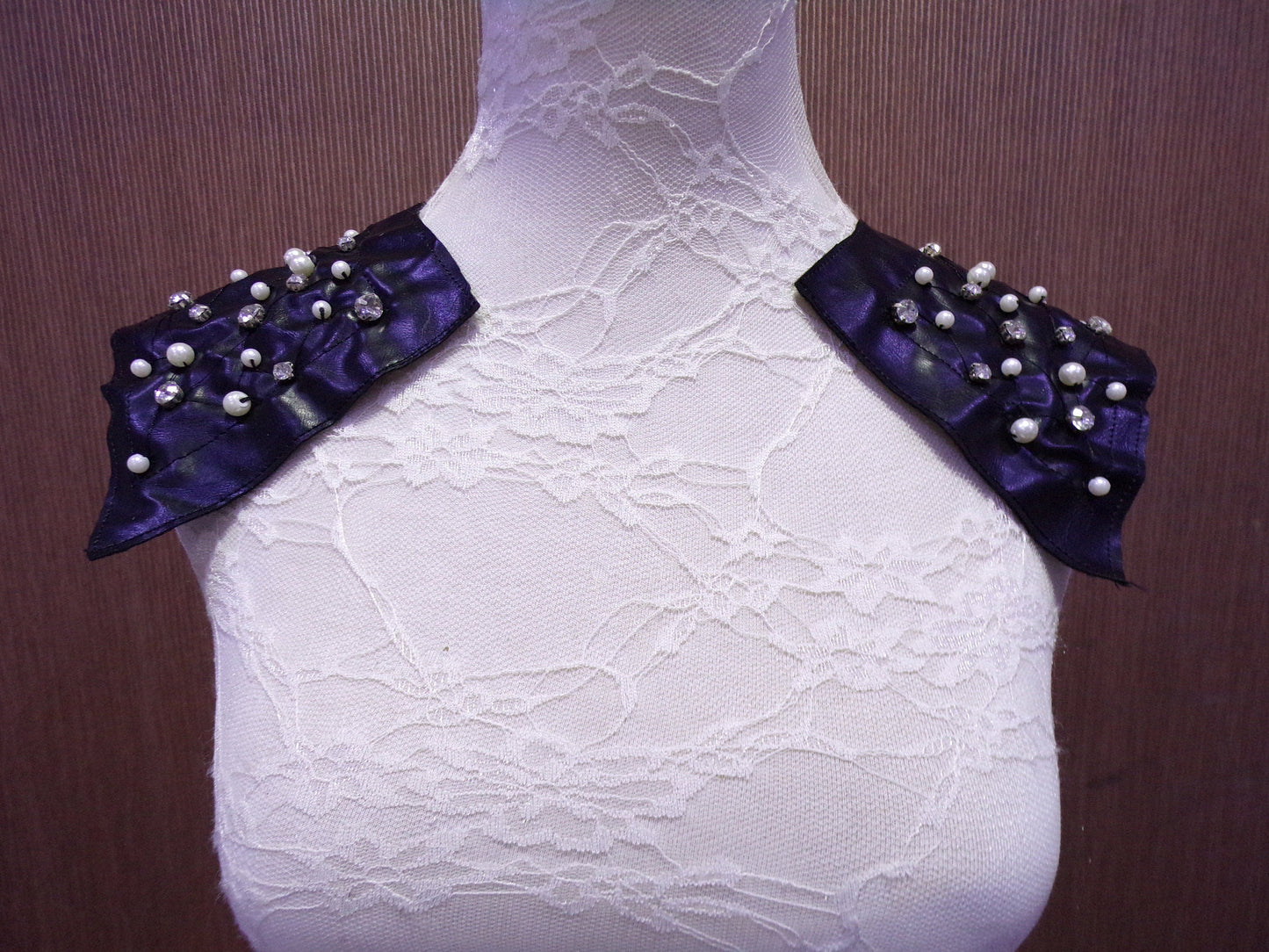 Beaded Faux Leather Epaulettes, Shoulder Pearl Beads Trim, sold as a pair, diamanté on pu, diamanté Pearl trim, shoulder trim, biker patch