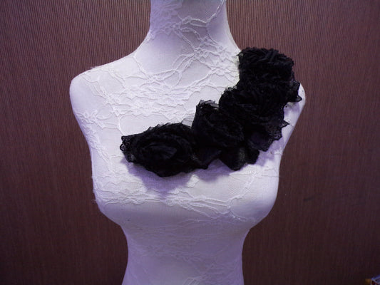 Black Chiffon Roses Applique, Rose Mesh Neck Trim, Large Neck Trim for Tops, Dresses, Dancewear, Ruffle, corsage, flower