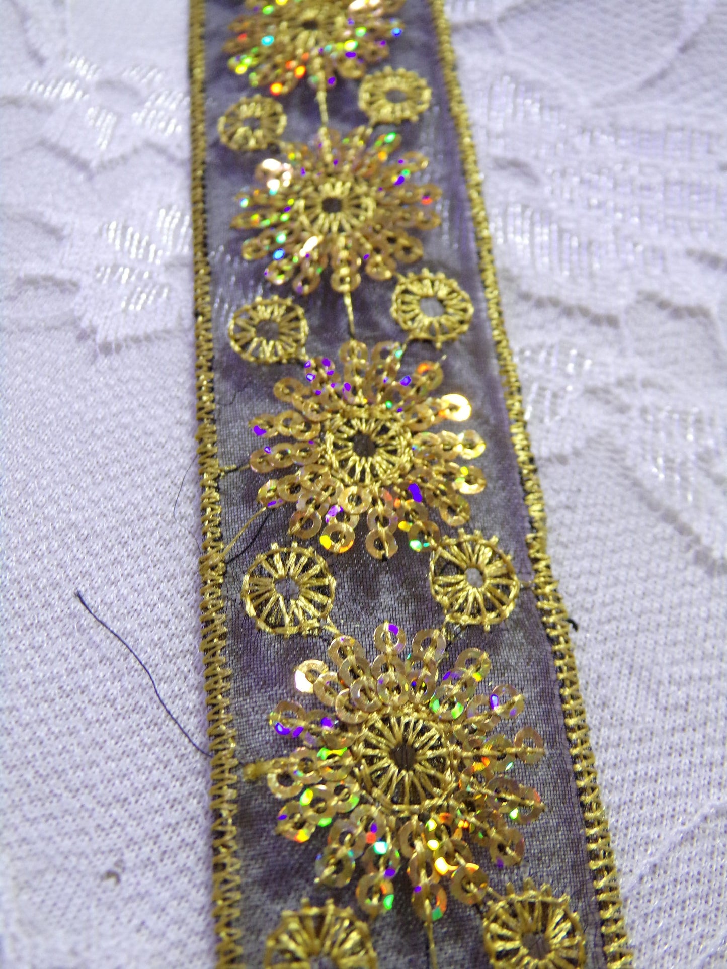 3cm wide Embroidered Lace Trim with Gold Sequins , Sequins Lace for Decor, Sewing, Craft