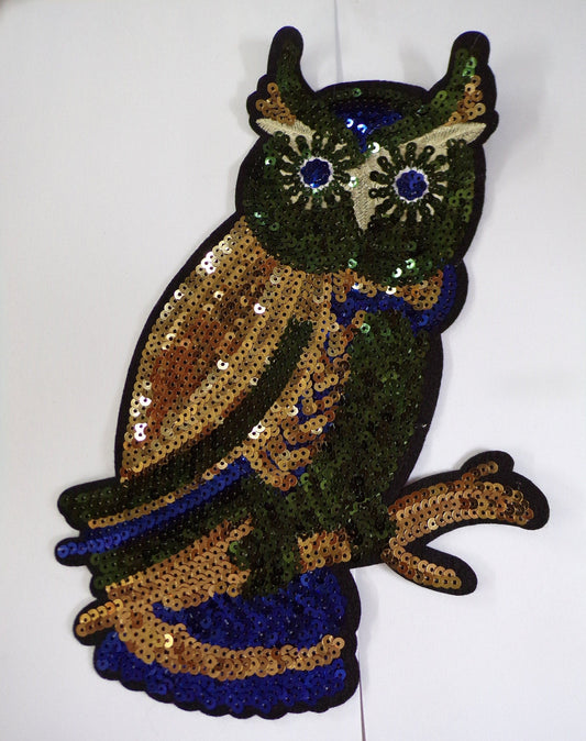 Large Sequin Owl Patch, Sequin Sew on Applique, Fancy patch, Decor, owl badge, owl applique, owl