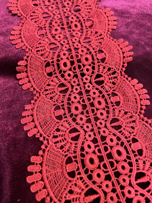 Decorative Red Motif Embroidered Lace 13.8cm Wide, Embroidered Lace, Lace Trim, Lace, red lace, cotton lace, lace