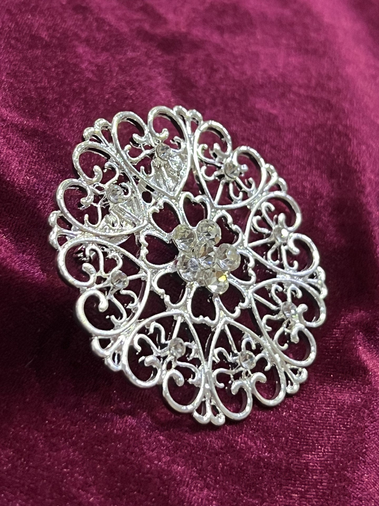 Silver Crest Motif Brooch with Rhinestones, Crest Brooch, Motif Brooch Pin, Floral Brooch, Silver Brooch Pin, Antique Brooch,