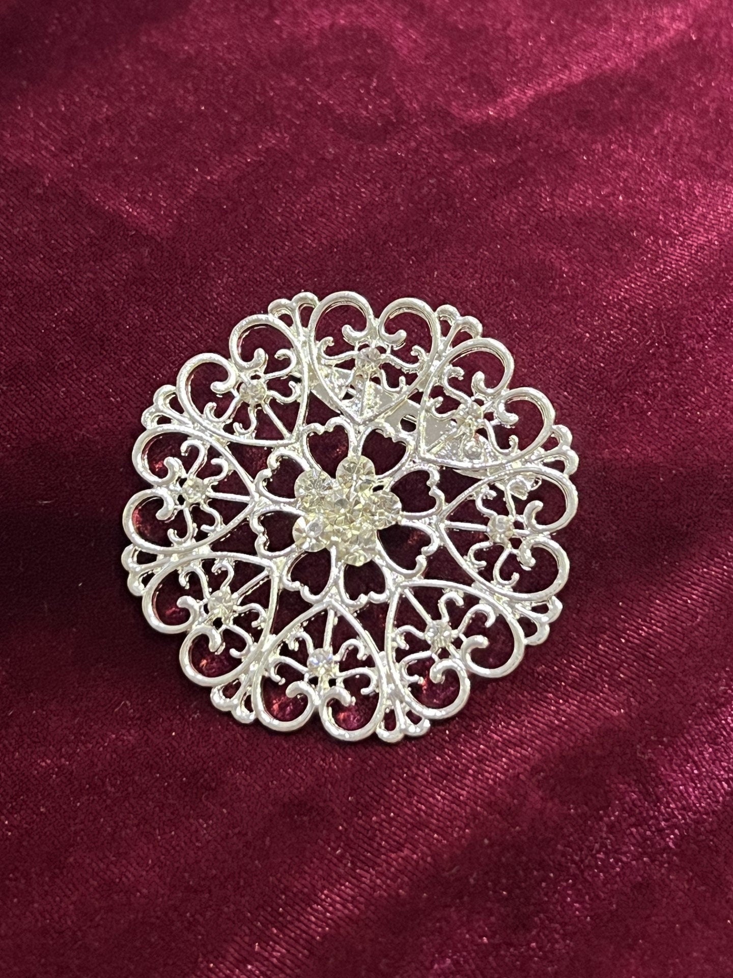 Silver Crest Motif Brooch with Rhinestones, Crest Brooch, Motif Brooch Pin, Floral Brooch, Silver Brooch Pin, Antique Brooch,