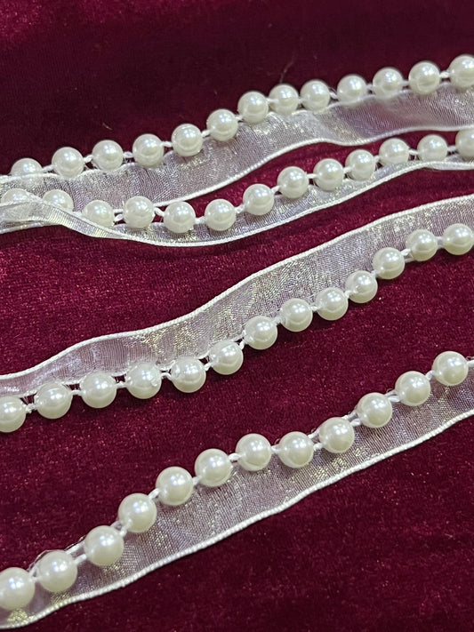 White Beaded Edging Trim with organza, Faux Pearl on trim, Pearl trim, Edging lace, Bridal Trimming, Pearl Edging Trim, Sash Pearl Wedding,