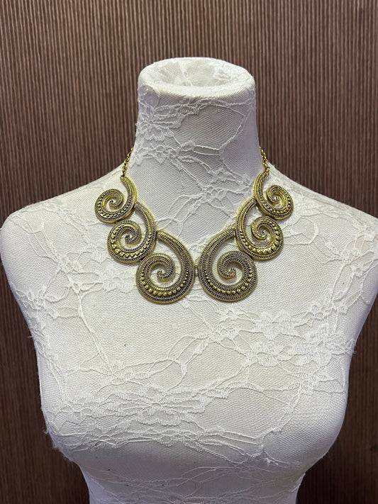Gold Metal plated necklace with decorative spiral, Plated Necklace, Metal plated necklace, Aztec Necklace, Costume, Aztec Style