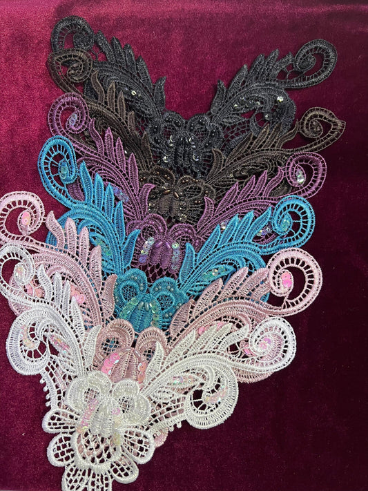 Beautiful Embroidered Sequin Lace Applique, Round Neck, trim, appliqué, sequin appliqué, Embroidered Appliqué, Bridal