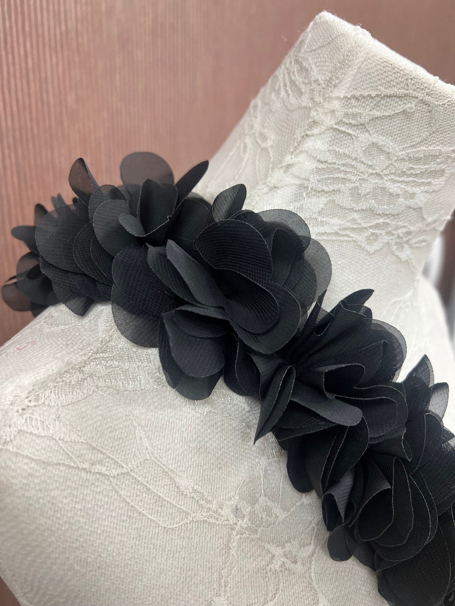 Black Flower Organza on elastic tape roll, Elasticated Flower Organza, Elastic Tape, Flower Applique, flower, elastic flower, rose tape