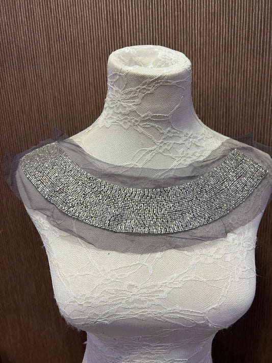 Brown or grey Beaded Applique, Beaded Neck Trim, Decoration Tri for dress, top, dancewear, brown trim, grey neck trim, neck trim