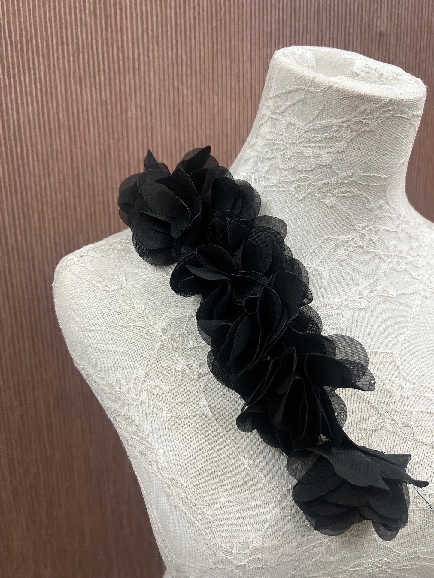 Black Flower Organza on elastic tape roll, Elasticated Flower Organza, Elastic Tape, Flower Applique, flower, elastic flower, rose tape