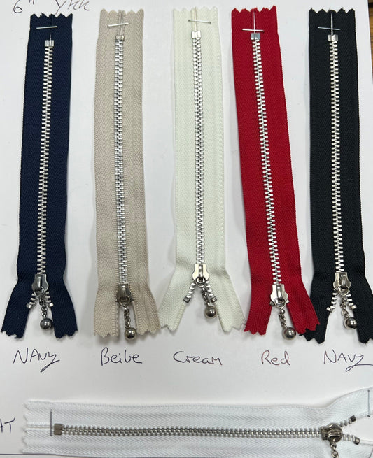6'' YKK Metal Closed End Zip, Cream Zip, navy Zip, YKK Zip, Metal Zip, 6'' Zip, Closed End Zip, Coloured Zip, Dress Zip, Bag Zip, Jacket