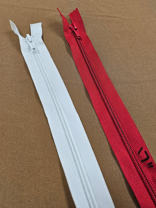 17" Open-ended zips, plastic teeth, metal zip slider/puller (B)