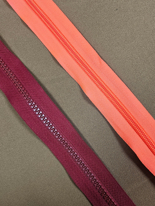 21" Double-sided zips, plastic teeth, metal puller/slider, zips, open end double zips, double puller zips, two way zips