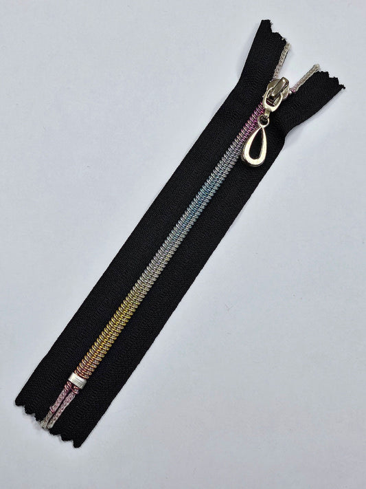 6" Closed ended Zip, rainbow chrome zip, metal slider/puller