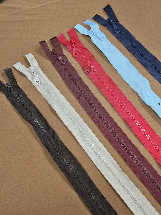 21" Open-ended zips, Metal Puller/slider, Plastic Teeth, plastic zips, open end zips, plastic open zips, hoody zips, jacket zips