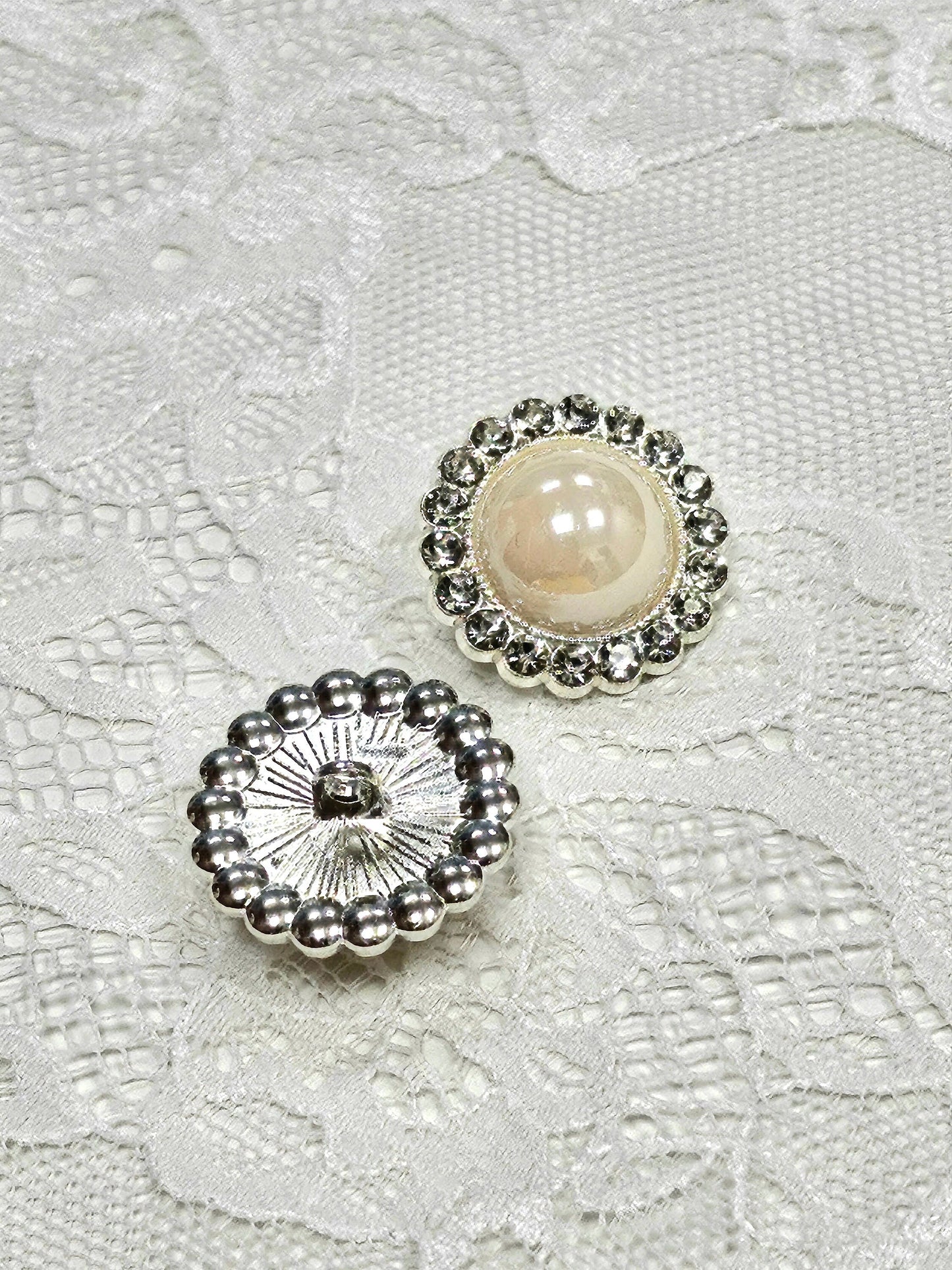 34L 21mm Silver pearl diamante shank buttons, silver buttons,  pearl Button, diamante button, metal shank button