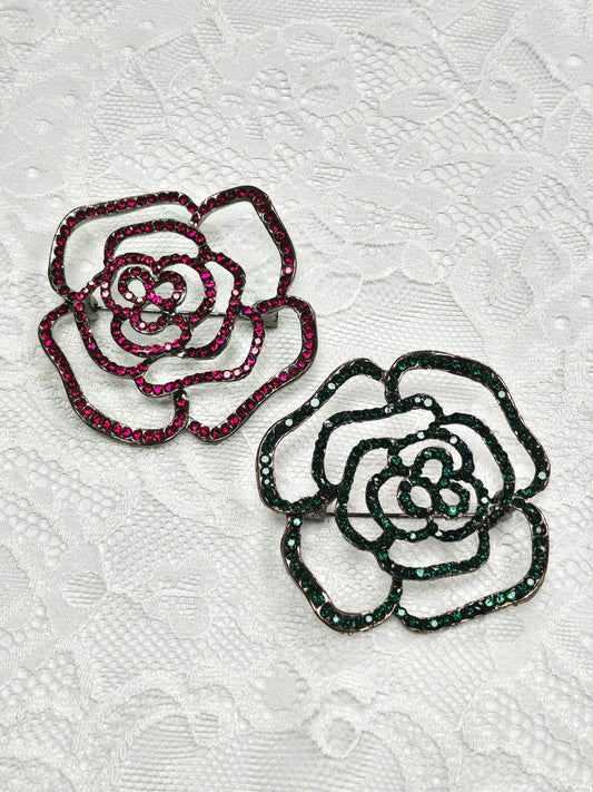 Beautiful rose diamante brooch, Green/Red, diamante brooch, metal brooch, rhinestone brooch, rose pin