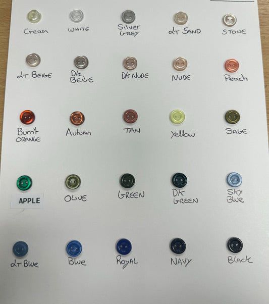 shirt buttons, 18L buttons, 2 hole buttons, buttons, coloured buttons, small buttons, replacement buttons.