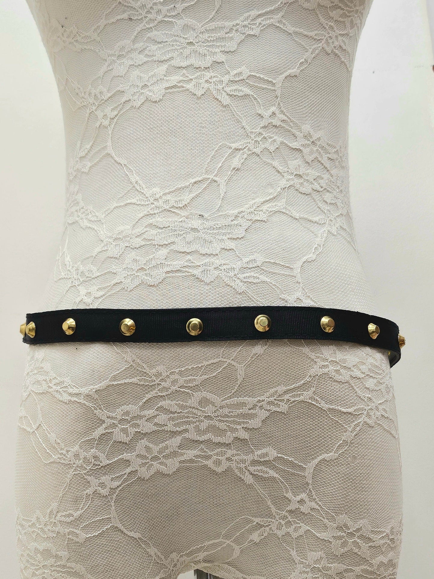 Studded belt, black belt, gold studs, punk aesthetic, snap fastening