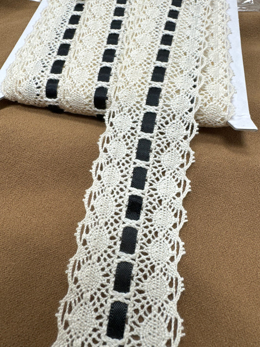 Cotton lace, ribbon slot lace, ribbon slot cotton lace, cream black lace, fashion lace