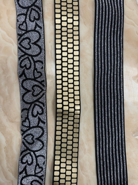 Elastic, stretch tape, fancy elastic, gold elastic, silver elastic, print elastic
