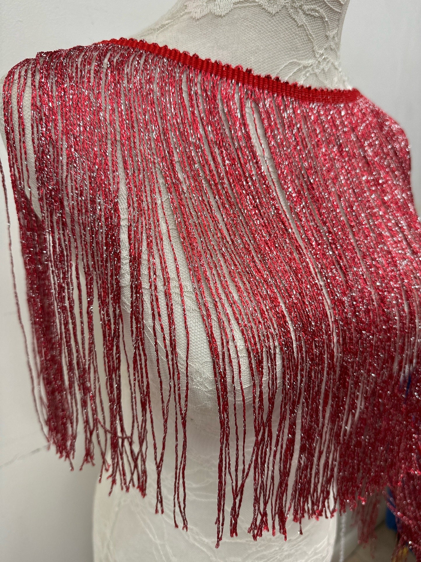 Black and silver fringe, lurex fringe, silver fringe, festival fringe, 12” fringe, red and silver fringe, red fringe, black fringe