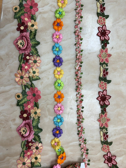 Floral tapes, multi colour flower tapes, flower lace, flower tapes, floral lace, coloured tapes, flower lace, lace, daisy lace, daisy cotton