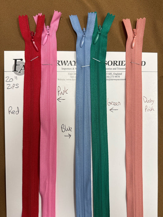 20" zips, 51cm zips, invisible zips, coloured zips, dress zips, cc4 zippers, concealed zips, zippers