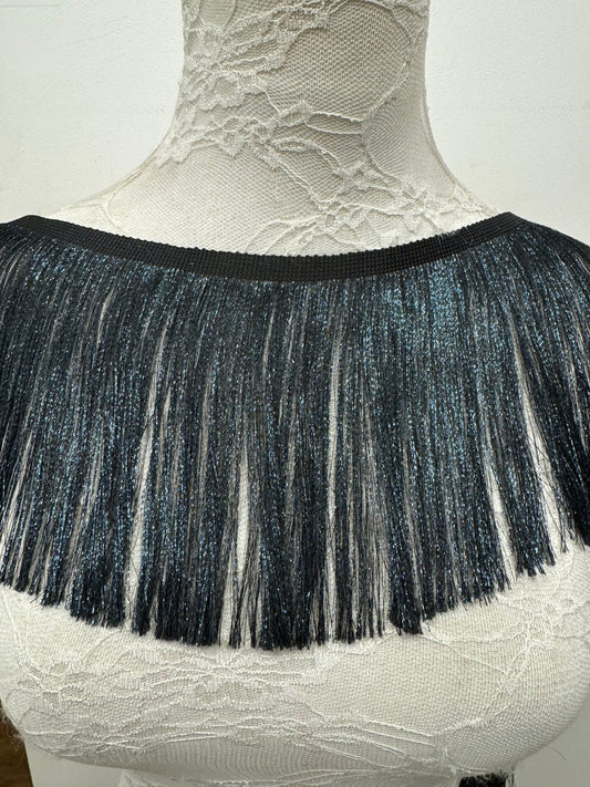 Satin fringe, gunmetal blue fringe, 15cm fringe, luxury fringe, lurex blue fringe,