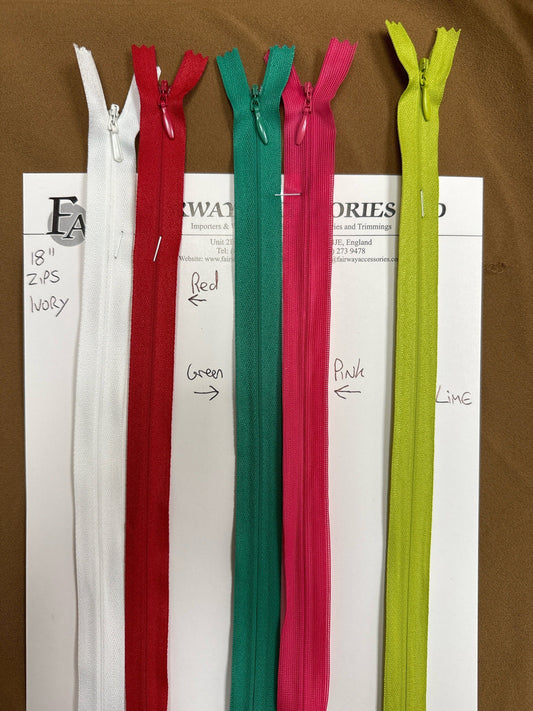 18" zips, 45cm zips, invisible zips, coloured zips, dress zips, cc4 zippers, concealed zips, zippers