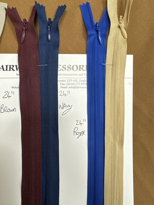 24" zips, 61cm zips, invisible zips, coloured zips, dress zips, cc4 zippers, concealed zips, zippers, replacement zips, garment zips