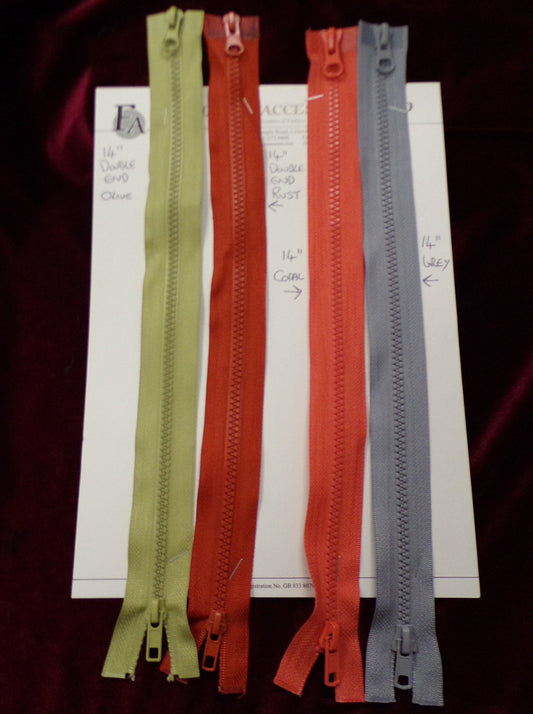 14" DOUBLE ENDED ZIPS,replacement zips, garment zips, coloured zips