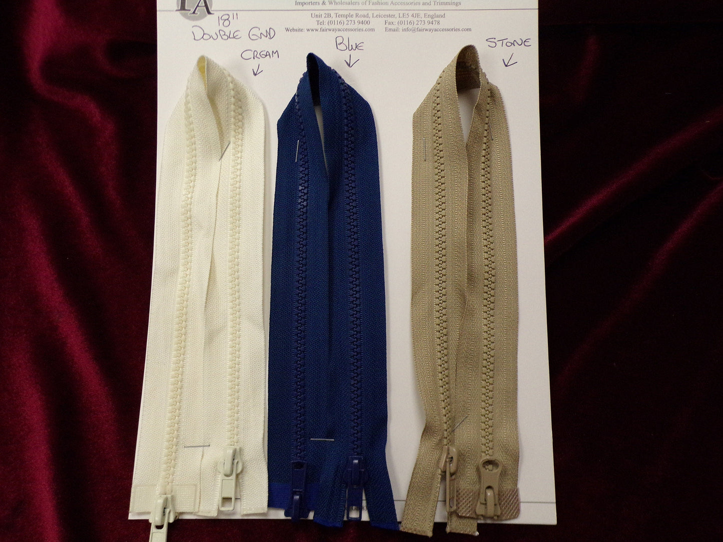 18" DOUBLE ENDED ZIPS,replacement zips, garment zips, coloured zips, 2 way zips, two way zips