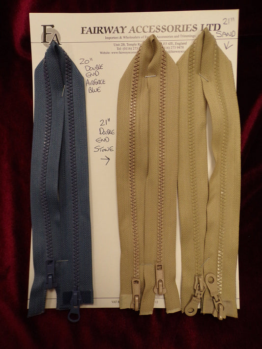 20"& 21" DOUBLE ENDED ZIPS,replacement zips, garment zips, coloured zips