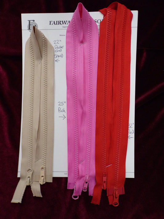 22"& 25" and 32" DOUBLE ENDED ZIPS,replacement zips, garment zips, coloured zips