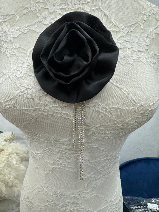 corsage with diamanté, diamanté corsages, black corsage, fashion corsage, flower appliqué