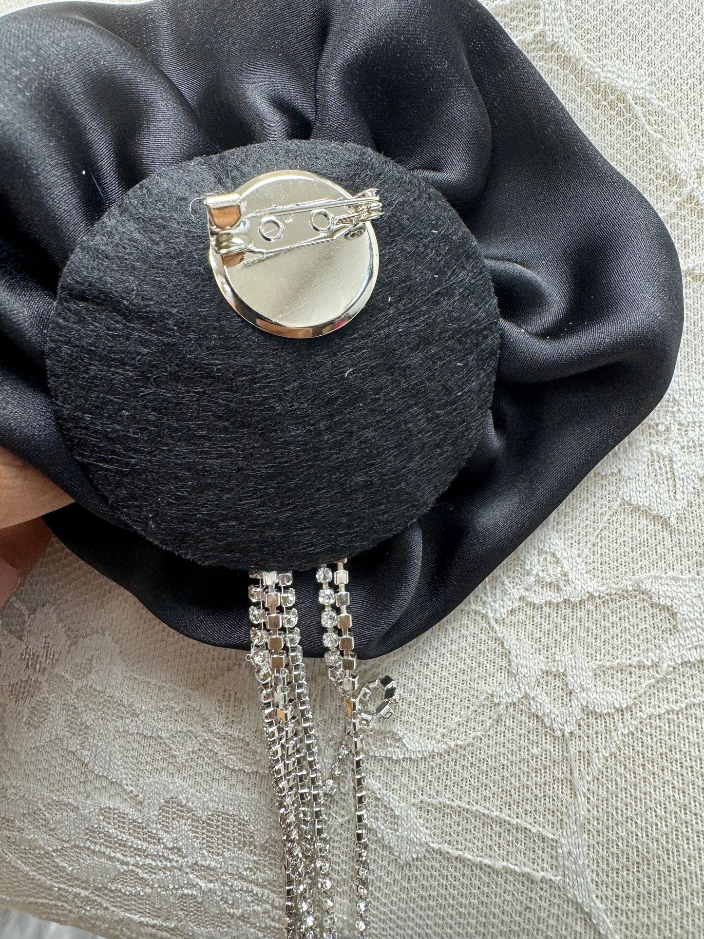 corsage with diamanté, diamanté corsages, black corsage, fashion corsage, flower appliqué